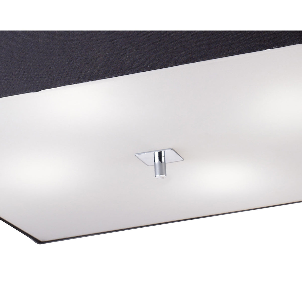 Close-up of the Mantra Akira square flush ceiling light showing the frosted white acrylic diffuser, polished chrome central fixing, and black frame edge.