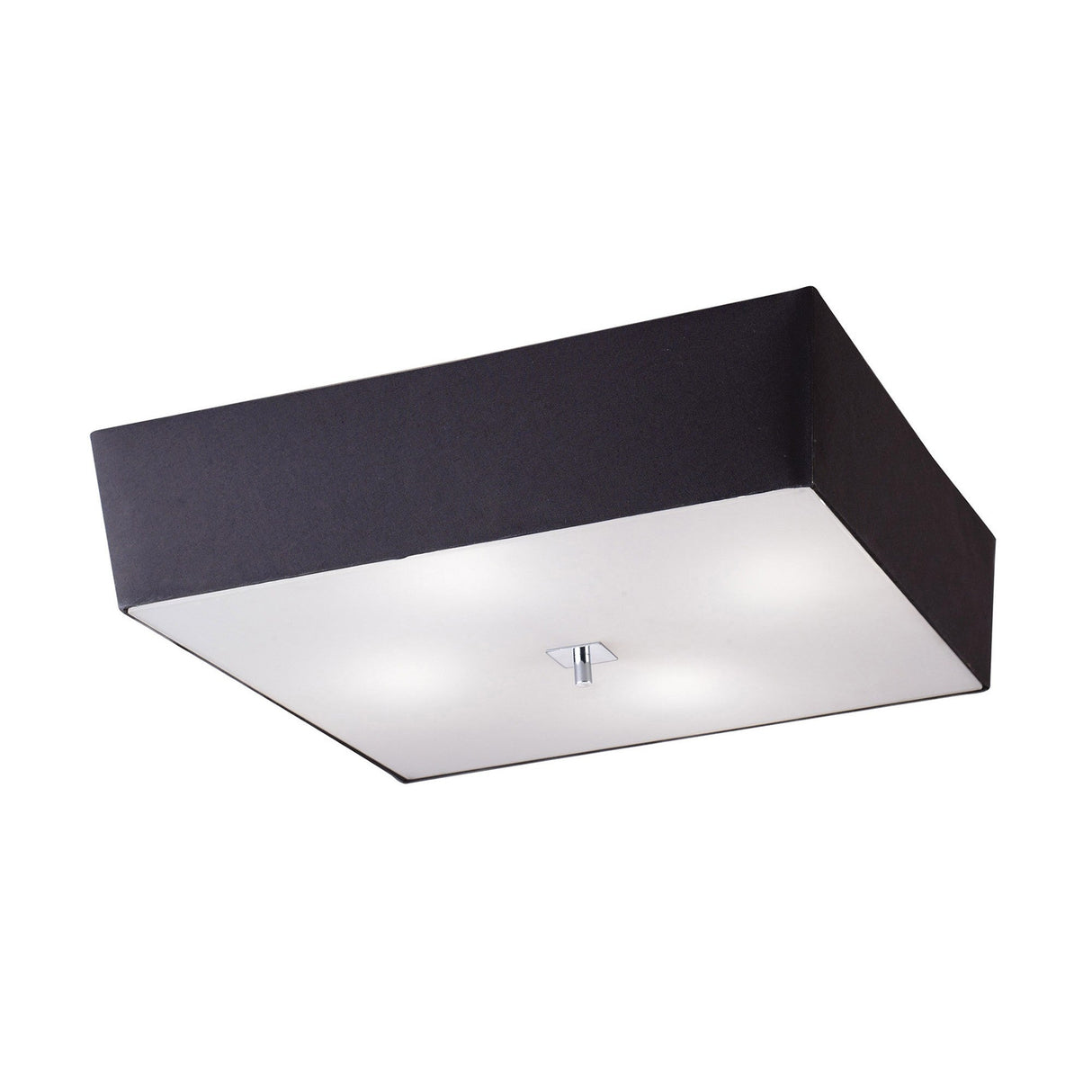 Mantra Akira 4 light square flush ceiling light with black fabric shade, frosted white diffuser and polished chrome centre, on a white background.