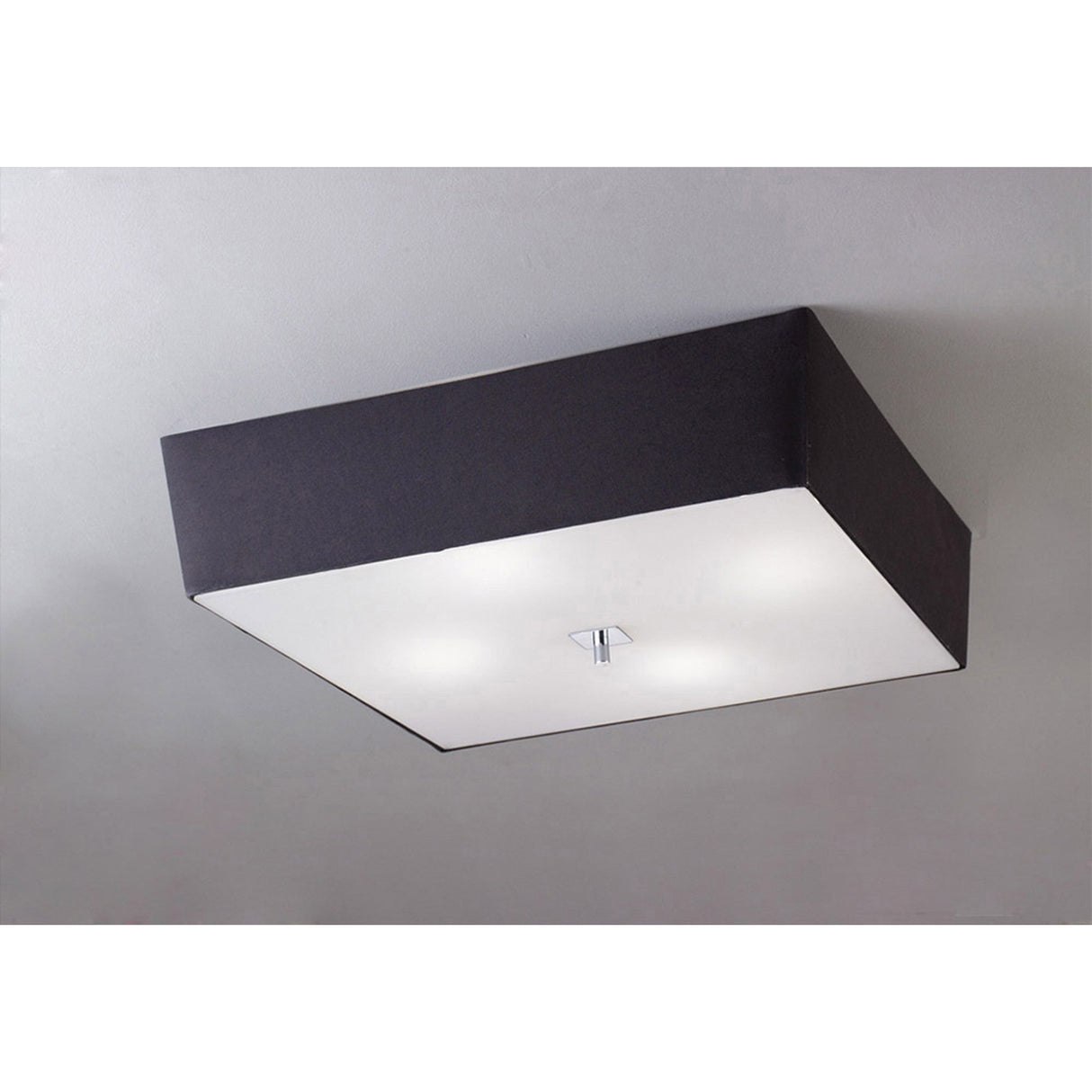 Mantra Akira 4 light square flush ceiling light with black metal frame, frosted white acrylic diffuser, and polished chrome centre, mounted on a grey ceiling.