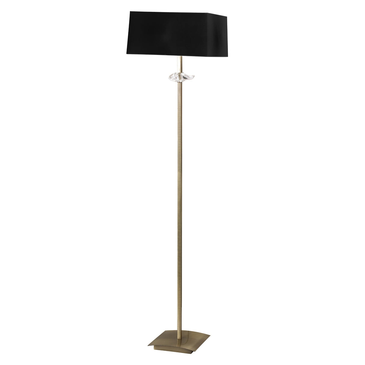 The Akira 3 Light Floor Lamp features a tall, slender antique brass stand, a square base, a rectangular black shade, and a clear decorative accent near the top.