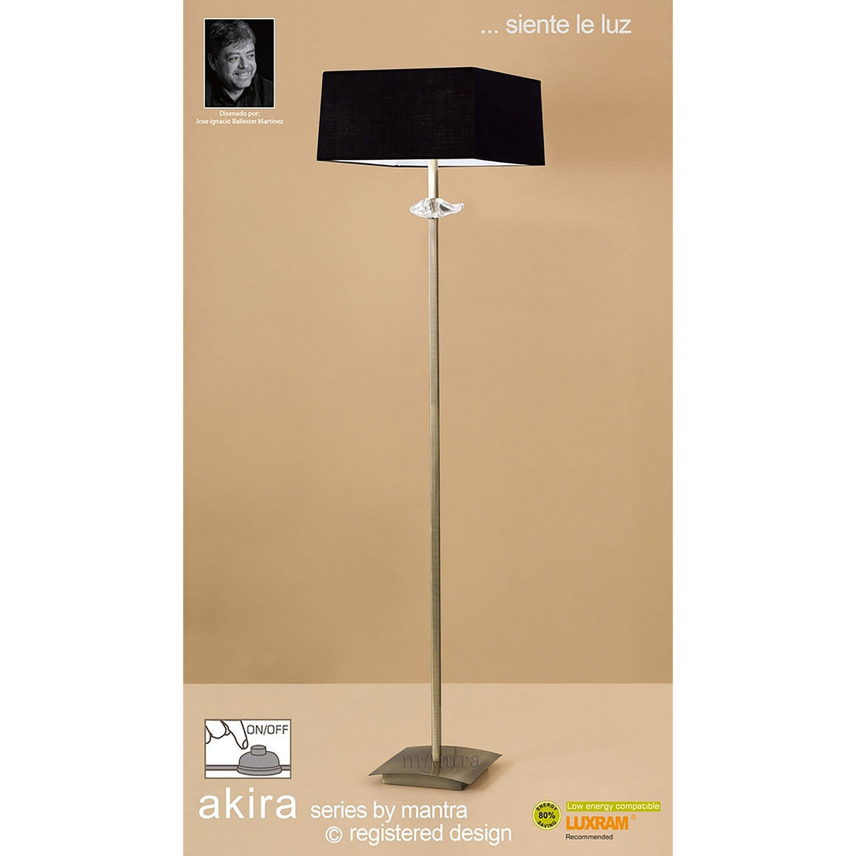 The Akira 3 Light Floor Lamp features an antique brass slim metallic stand, black fabric shade, and square base. Branding and a small designer photo appear in the top left of the image.