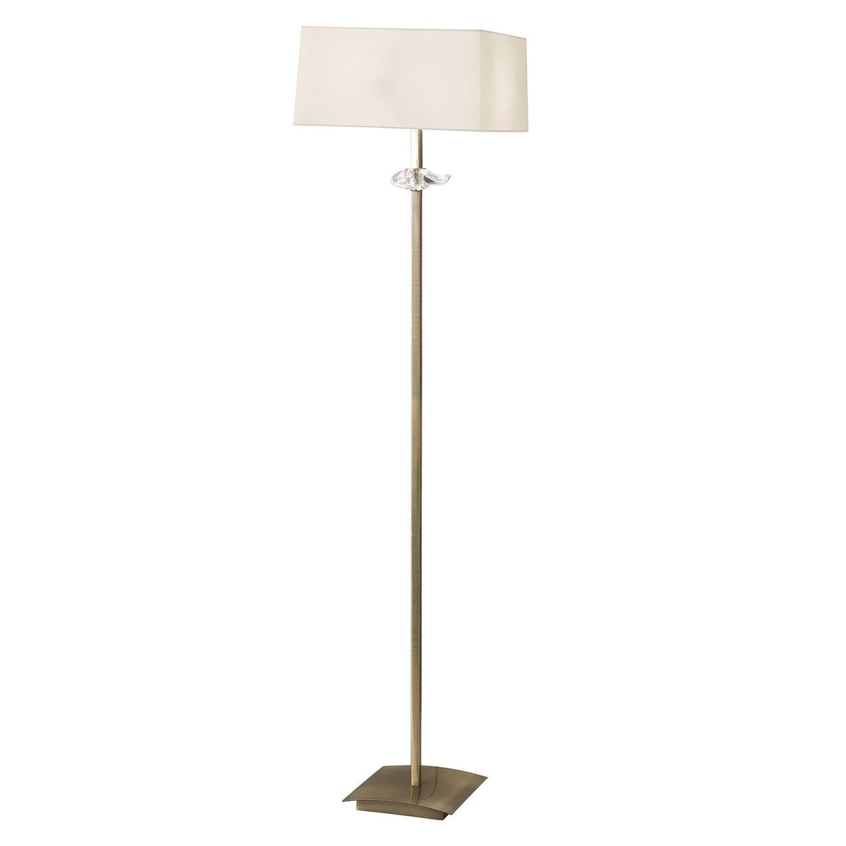 The Akira 3 Light Floor Lamp features an antique brass slim stand, cream rectangular shade, clear decorative accent near the top, and a square base—ideal for adding ambient lighting to any space.