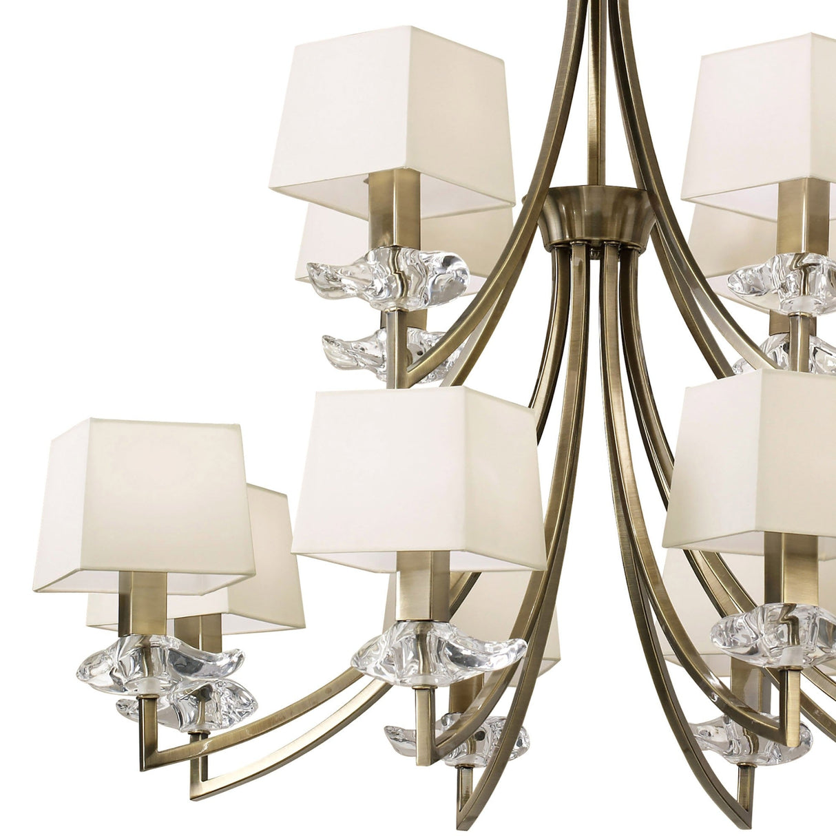 Akira 90cm 2 Tier 12 Light Crystal Chandelier - Brass With Cream Shades
