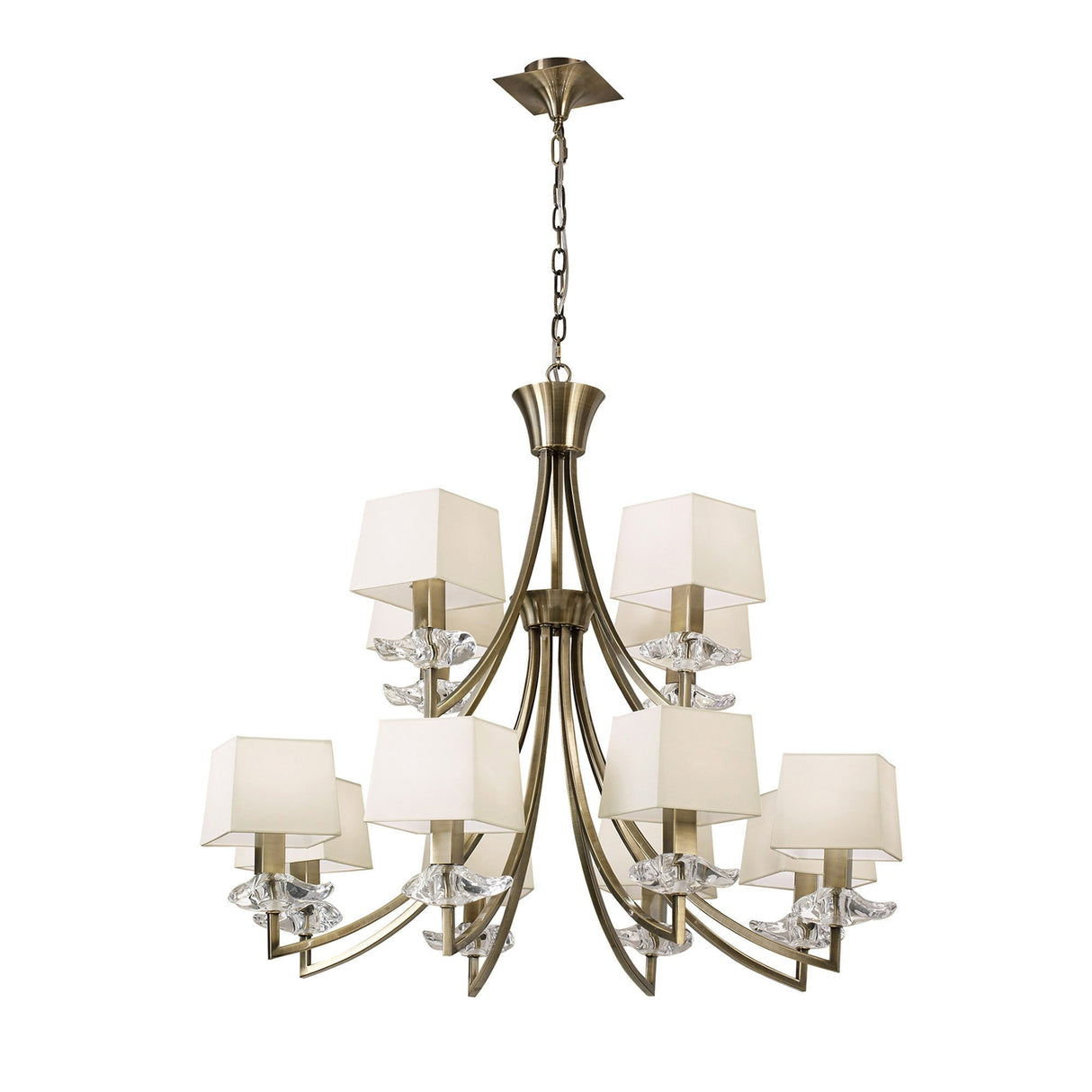 Akira 90cm 2 Tier 12 Light Crystal Chandelier - Brass With Cream Shades