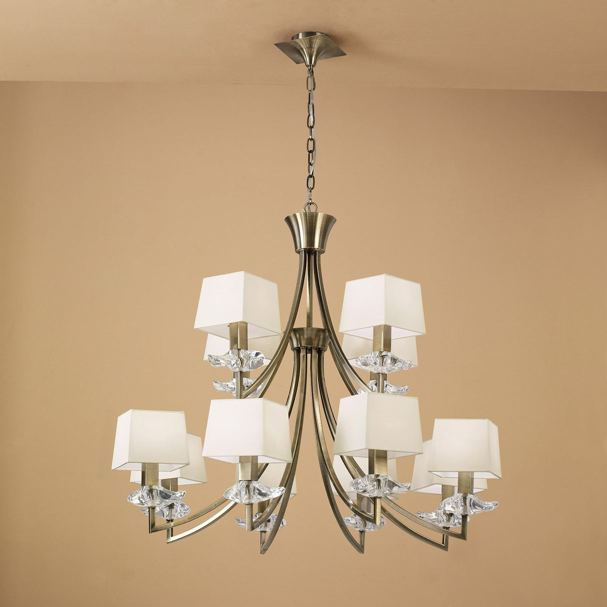 Akira 90cm 2 Tier 12 Light Crystal Chandelier - Brass With Cream Shades