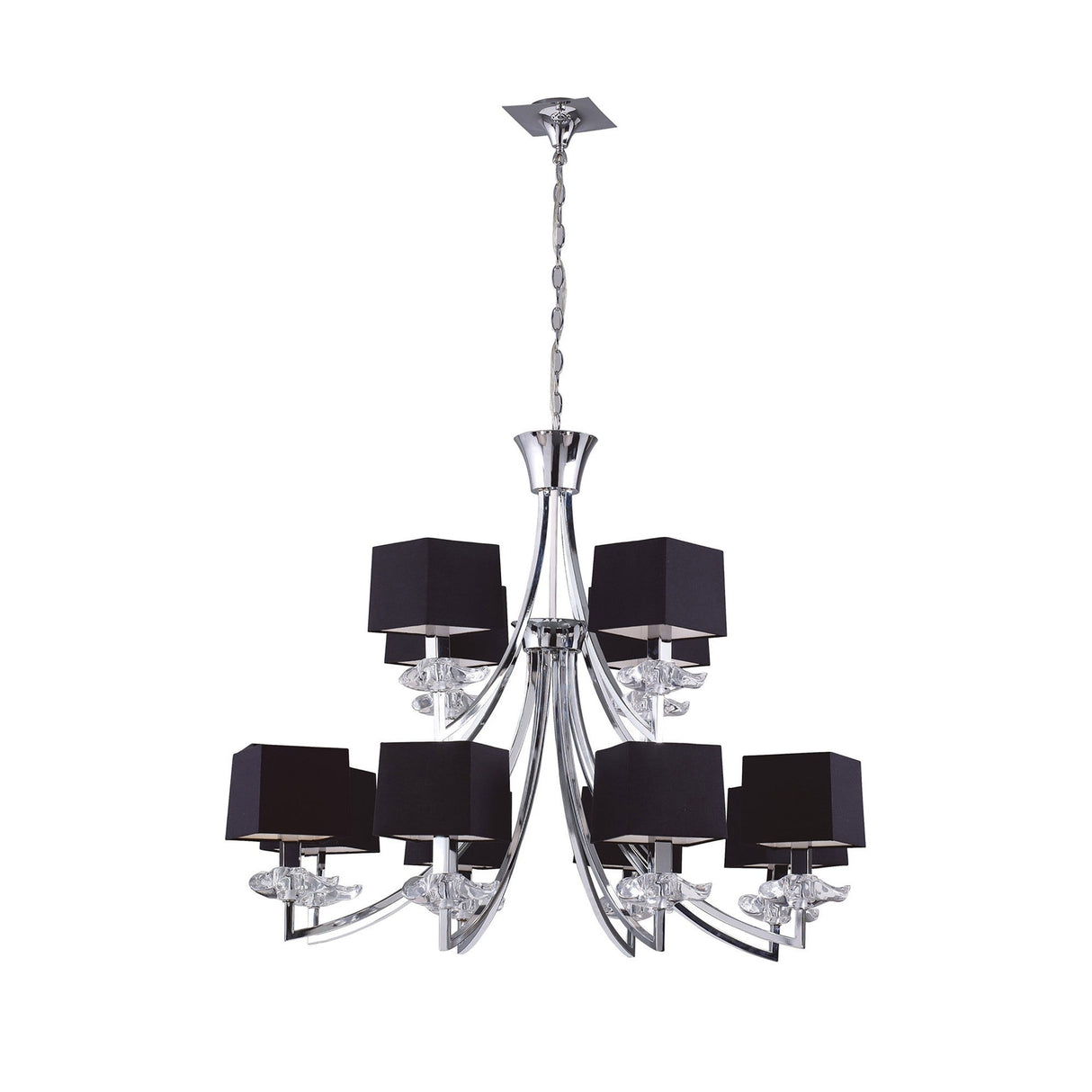 Akira 90cm 2 Tier 12 Light Crystal Chandelier - Chrome With Black Shades