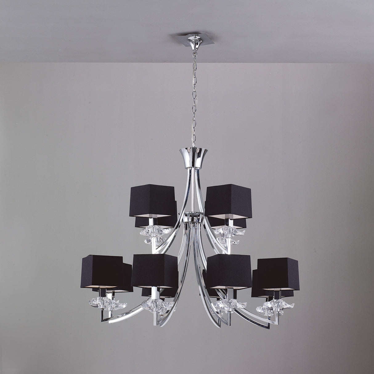 Akira 90cm 2 Tier 12 Light Crystal Chandelier - Chrome With Black Shades