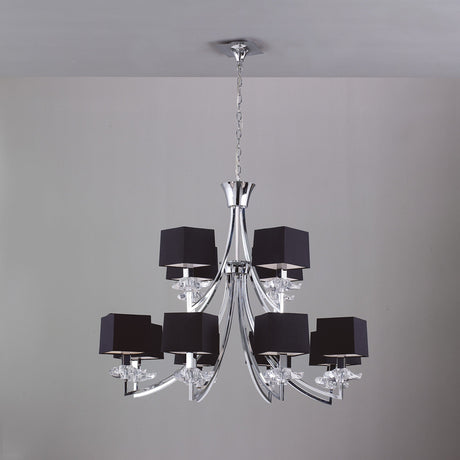 Akira 90cm 2 Tier 12 Light Crystal Chandelier - Chrome With Black Shades