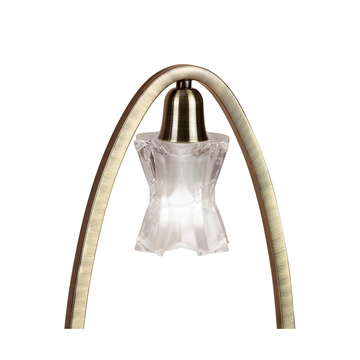 The Alaska 1 Light Table Lamp in Antique Brass features a curved arm and a clear, sculpted glass shade shaped like a star or flower, set against a white background—ideal for adding ambient lighting to any space.