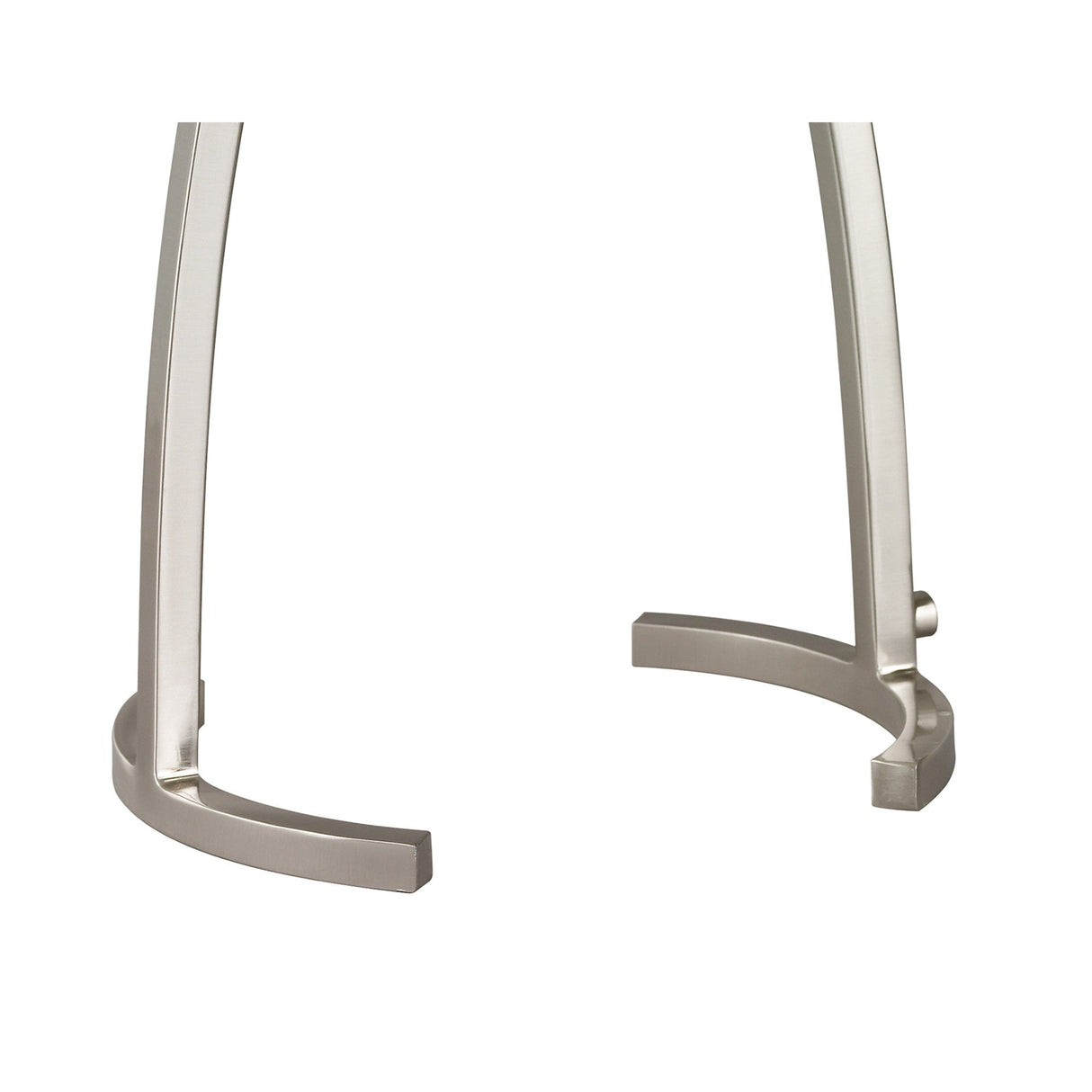 Two curved, brushed metal supports stand on a white background, highlighting the Alaska 1 Light Table Lamp’s clean lines and modern, minimalist satin nickel design with a frosted glass shade for contemporary style.