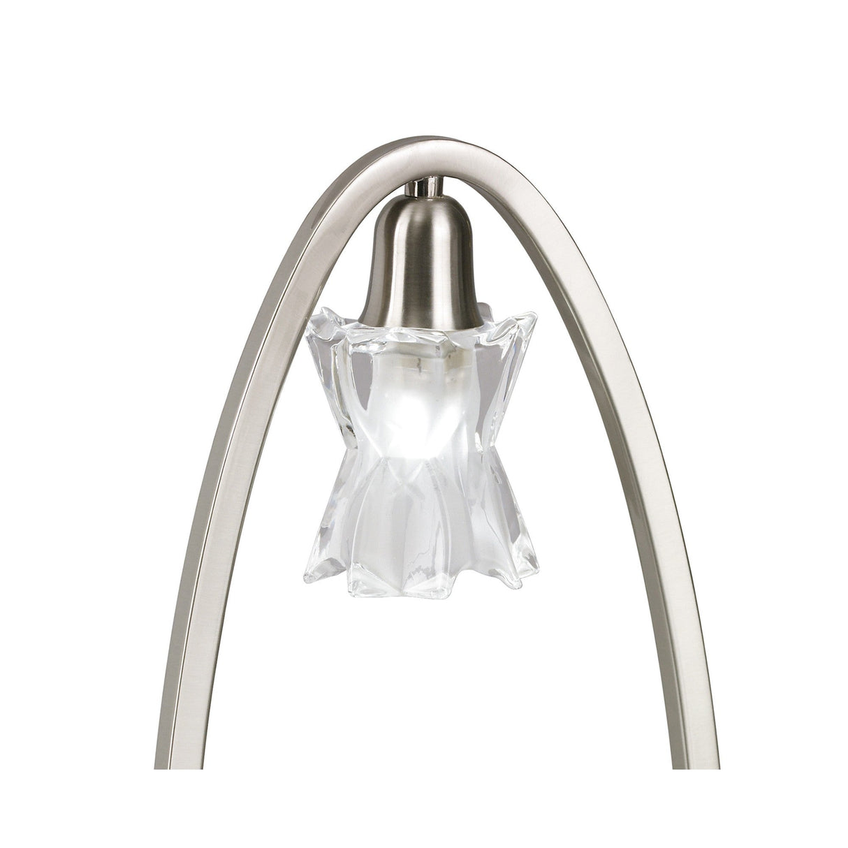 The Alaska 1 Light Table Lamp in satin nickel features a modern brushed metal arch and a flower-shaped frosted glass shade with a bright white bulb, set against a plain white background.