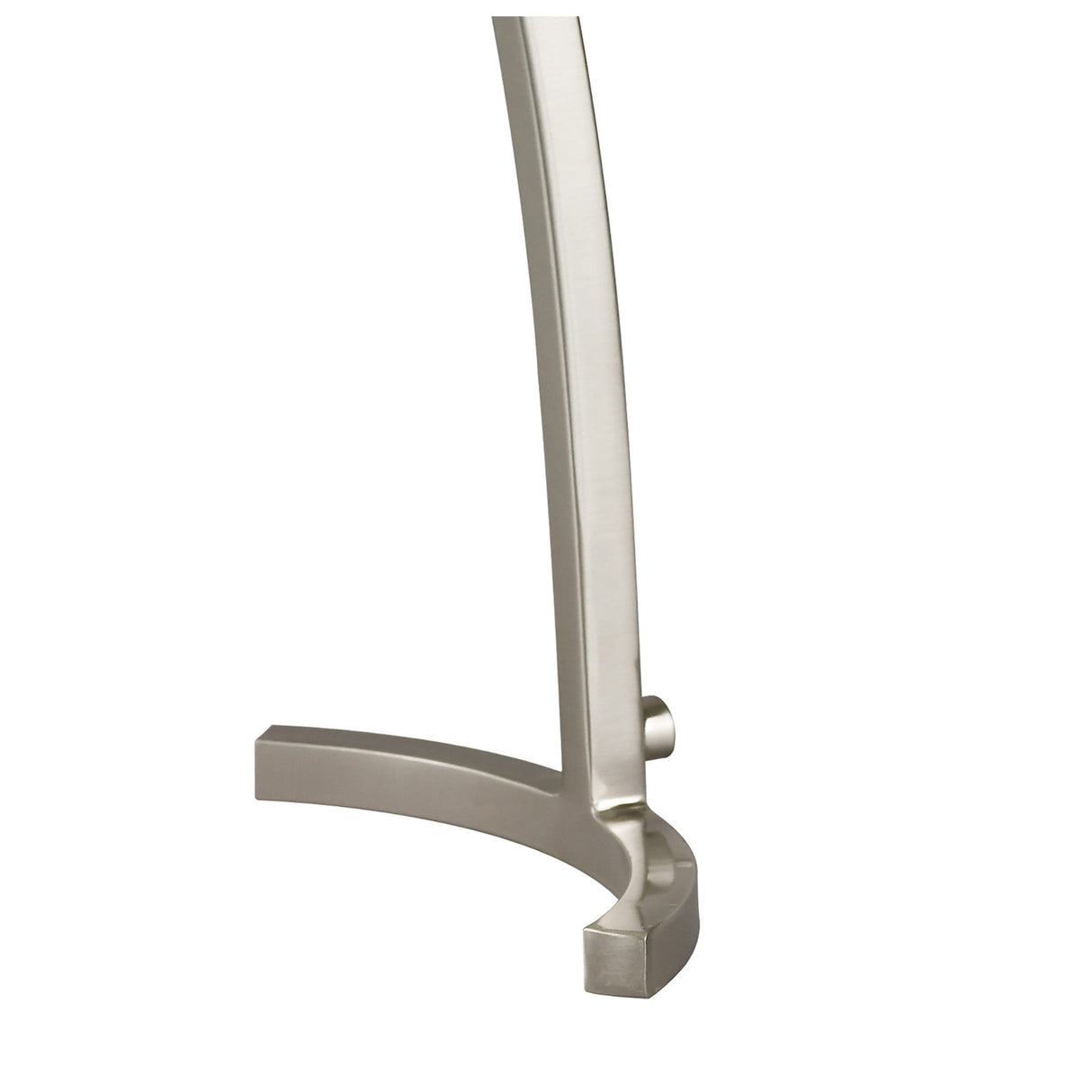 A close-up of the Alaska 1 Light Table Lamp's satin nickel base with a curved, modern design and frosted glass shade is set against a white background.