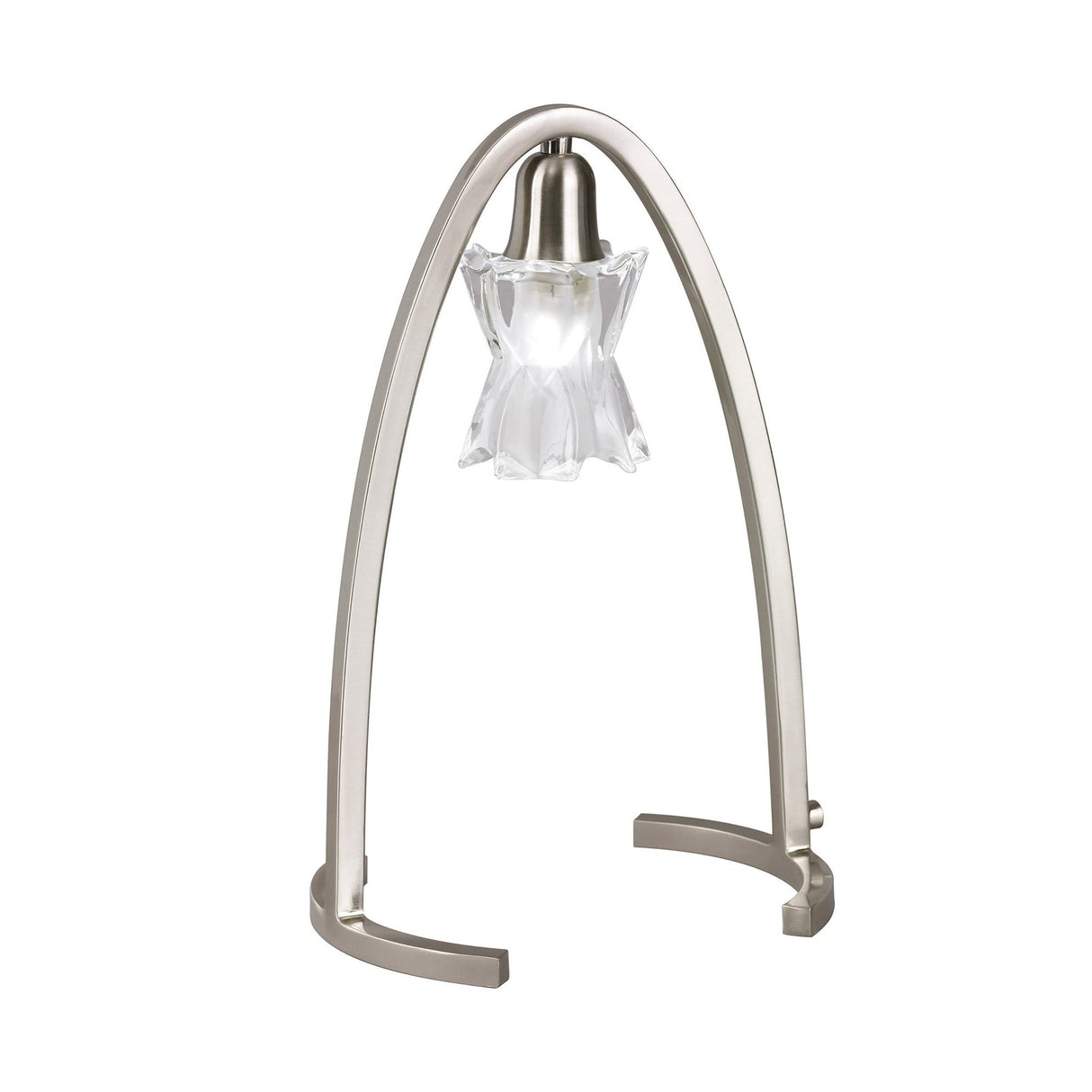 The Alaska 1 Light Table Lamp in Satin Nickel features a sleek arched frame and a clear, flower-shaped glass shade with a visible bulb at its center for a modern touch.