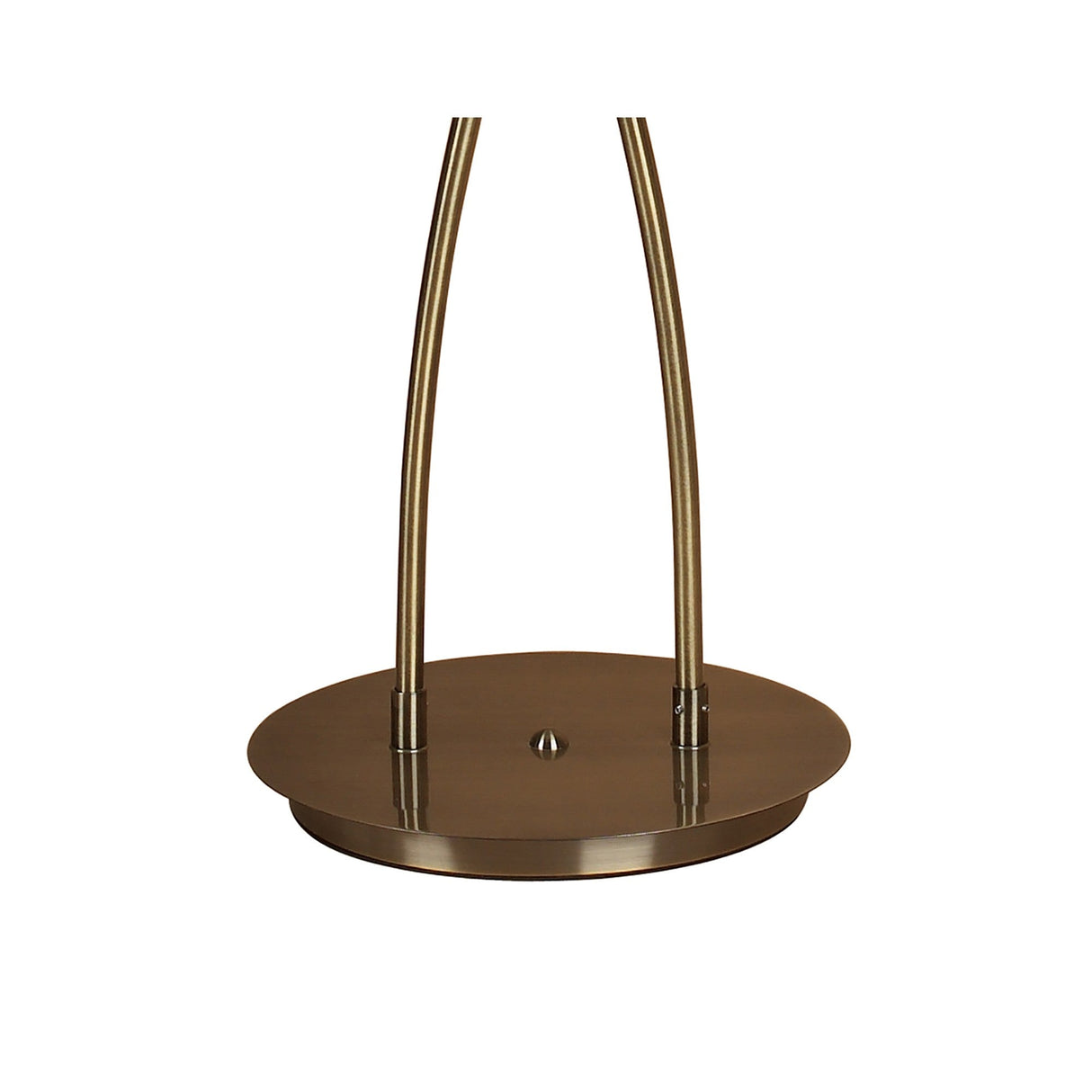 The Alaska 2 Light Floor Lamp - Antique Brass features a round, bronze-colored base with two curved rods and a central switch. Perfect for ambient lighting in any room, it stands out against a plain white background.