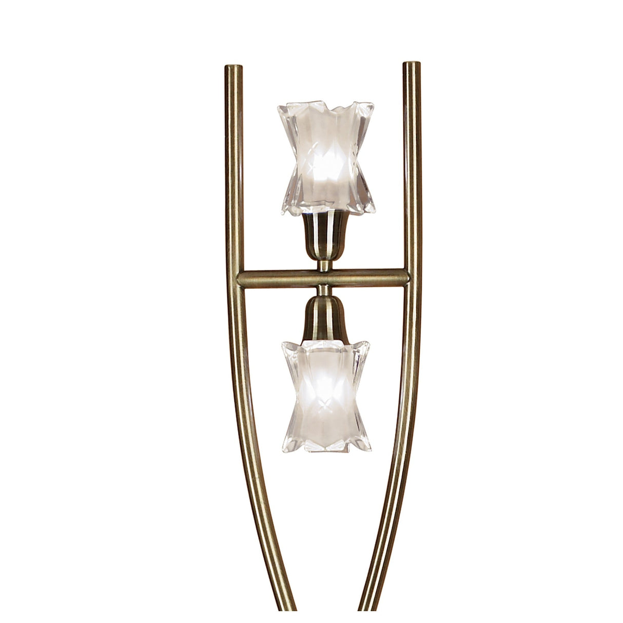 The Alaska 2 Light Floor Lamp in antique brass features two frosted glass flower-shaped shades on a sleek metallic frame with parallel vertical rods, ideal for dimmable ambient lighting.