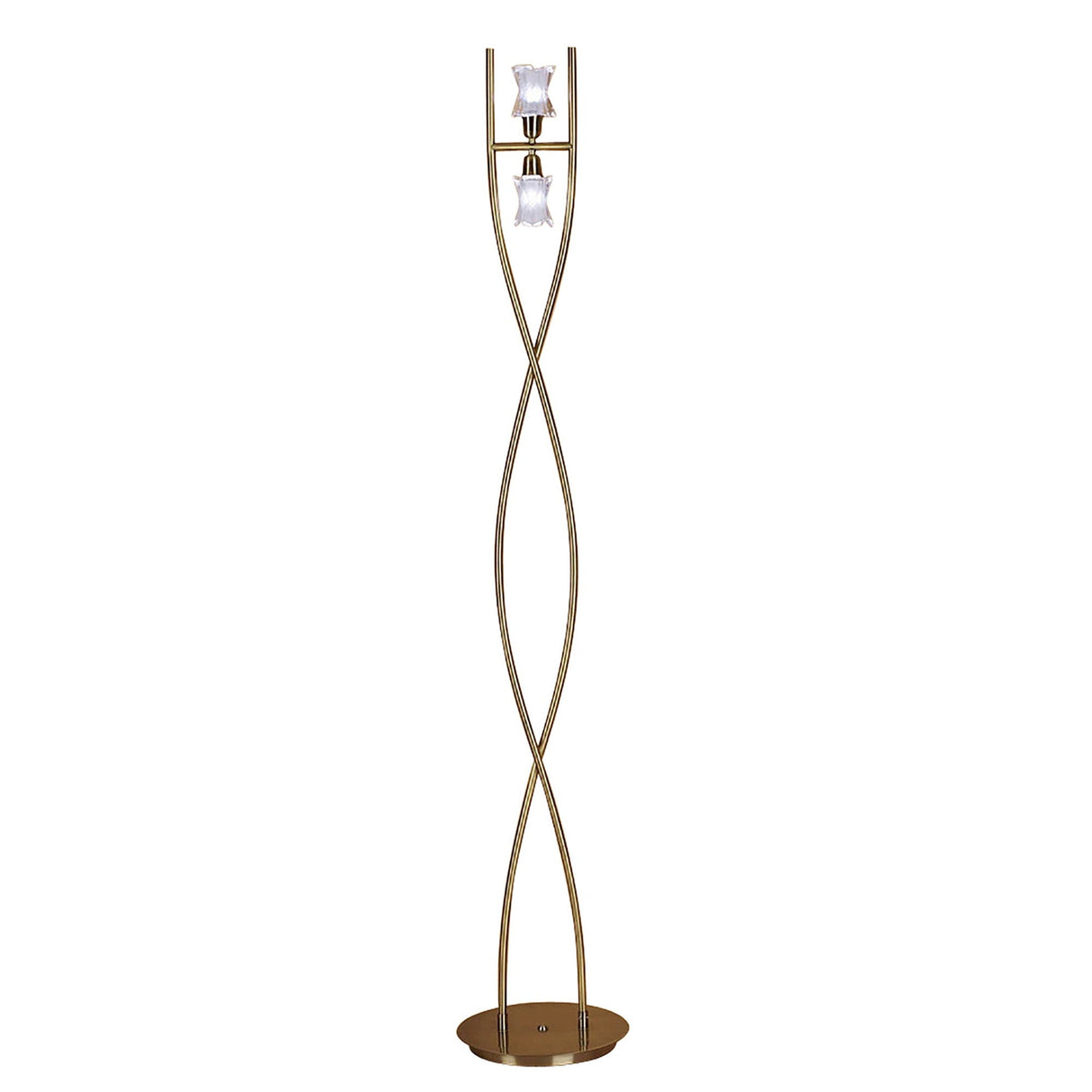 The Alaska 2 Light Floor Lamp - Antique Brass features a tall, modern design with a gold-toned twisted metal frame and two flower-shaped glass shades—one at the top and one midway—on a round base, providing soft ambient lighting.