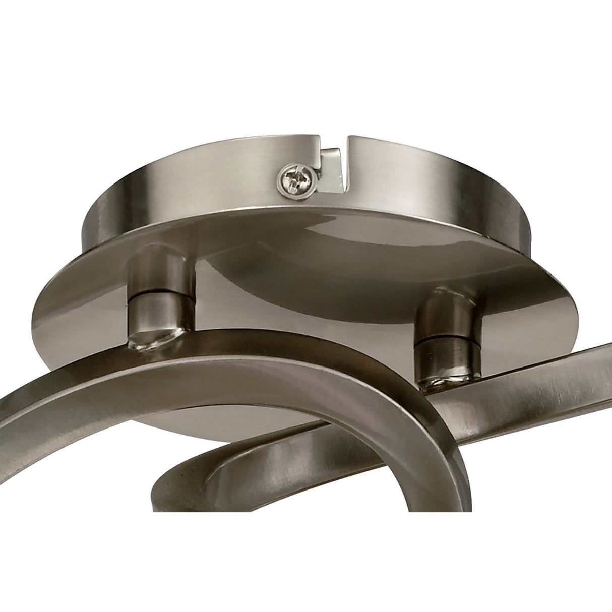 Close-up of the Mantra Alaska semi-flush ceiling light's circular satin nickel ceiling plate with curved arms extending outward, shown on a white background.