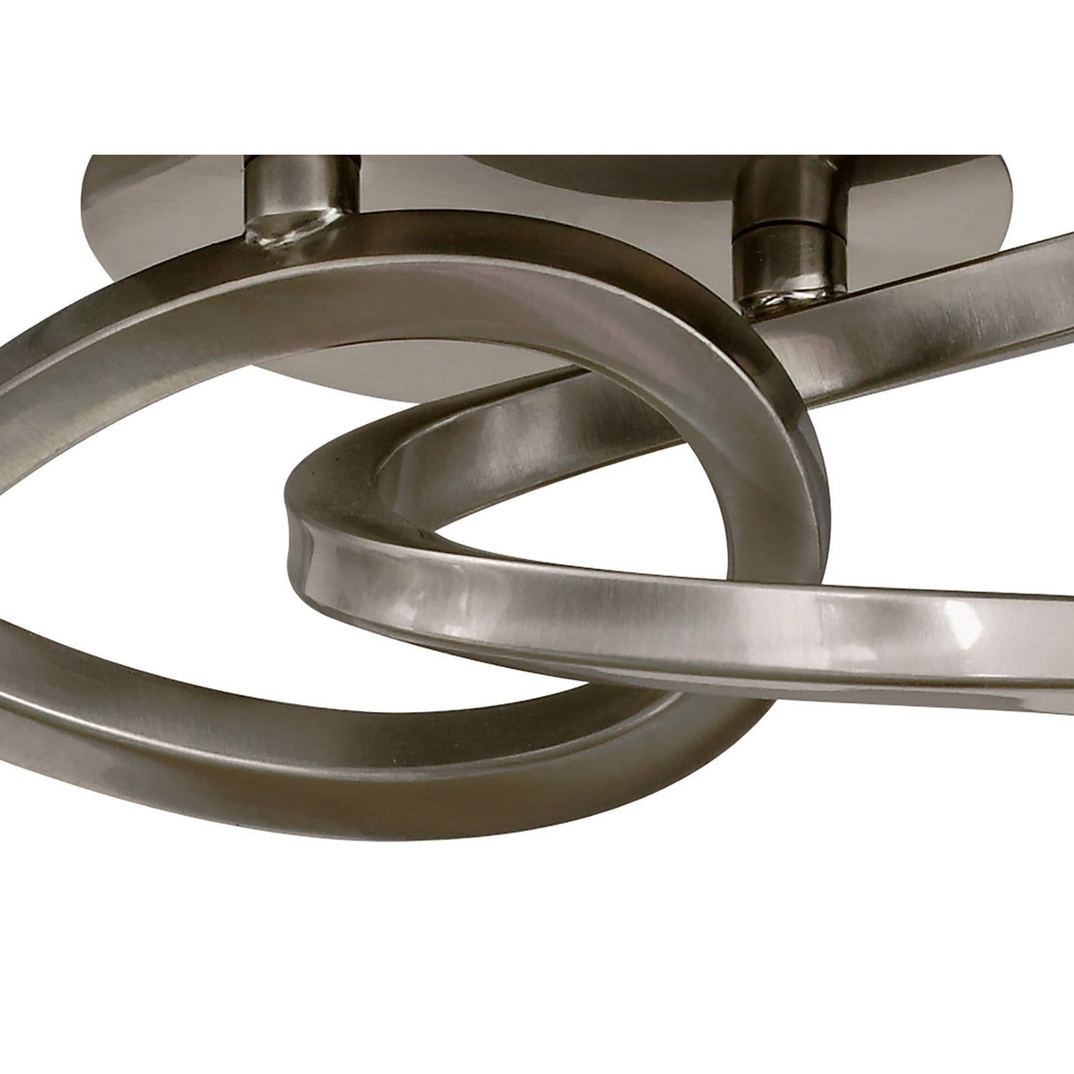 Close-up of the Mantra Alaska 4 light semi-flush ceiling light showing curved satin nickel arms extending from a circular ceiling plate.