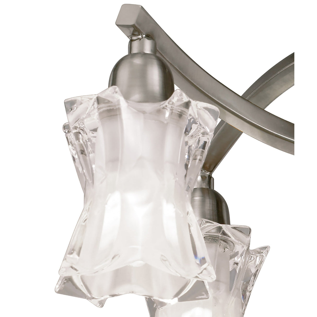 Close-up of Mantra Alaska semi-flush ceiling light showing sculpted star-shaped frosted glass shades with clear faceted edges on curved satin nickel arms.