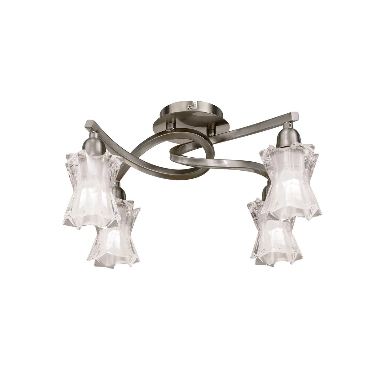 Mantra Alaska 4 light semi-flush ceiling light with curved satin nickel arms and sculpted frosted glass star shades, on a white background.
