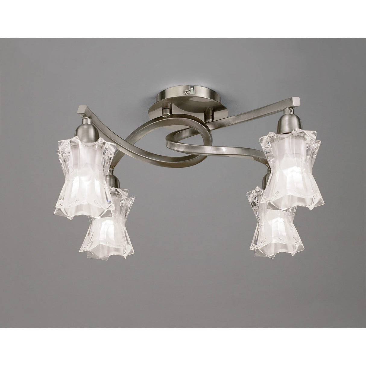 Mantra Alaska 4-light semi-flush ceiling light with sculpted frosted and clear glass shades on curved satin nickel arms, on a grey background.