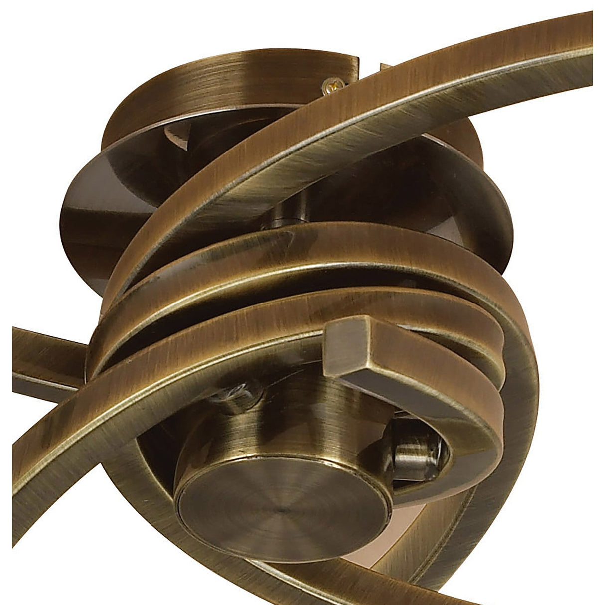 Close-up of the Mantra Alaska 3 Light Semi-Flush Ceiling Light in antique brass, showing the central hub, circular backplate and curved arms.