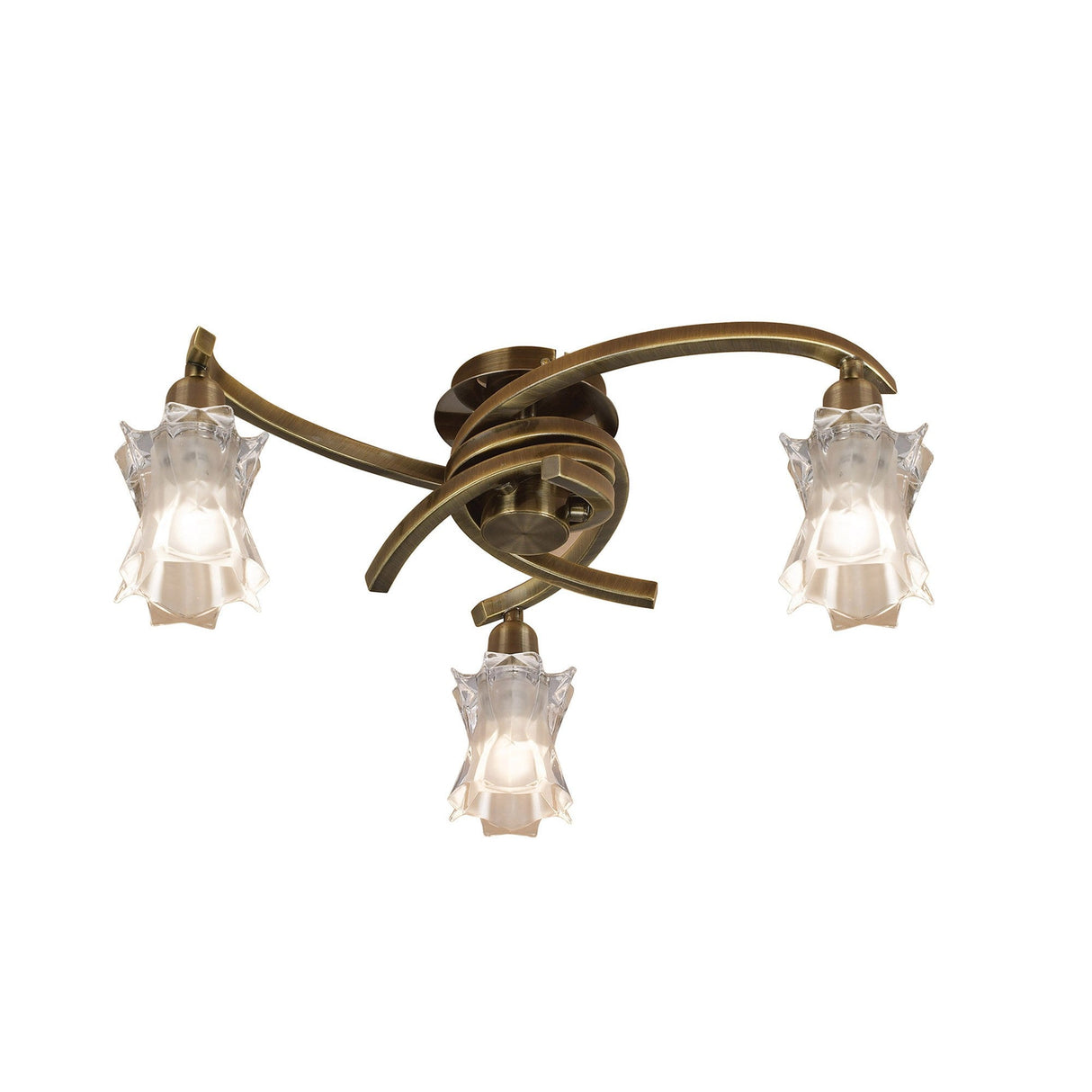 Mantra Alaska 3 light semi-flush ceiling light in antique brass with curved arms and sculpted star-shaped frosted glass shades, on a white background.