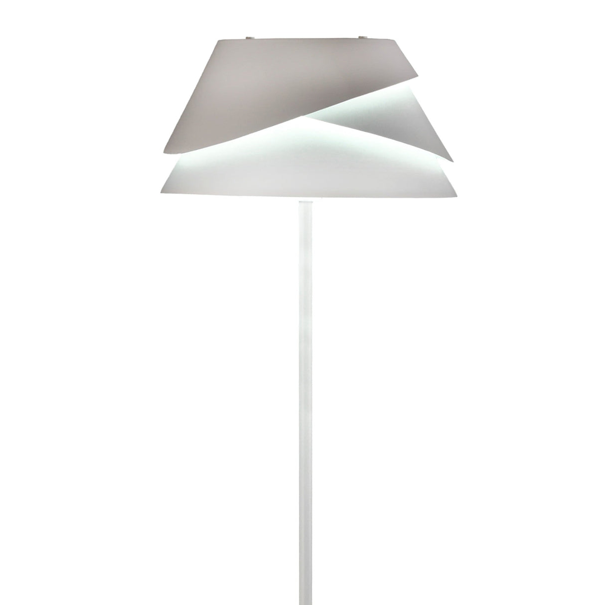 The Alboran 1 Light Floor Lamp in white and silver features a layered angular shade and slim stand, making it perfect for minimalist interiors while providing stylish ambient lighting against a plain white background.