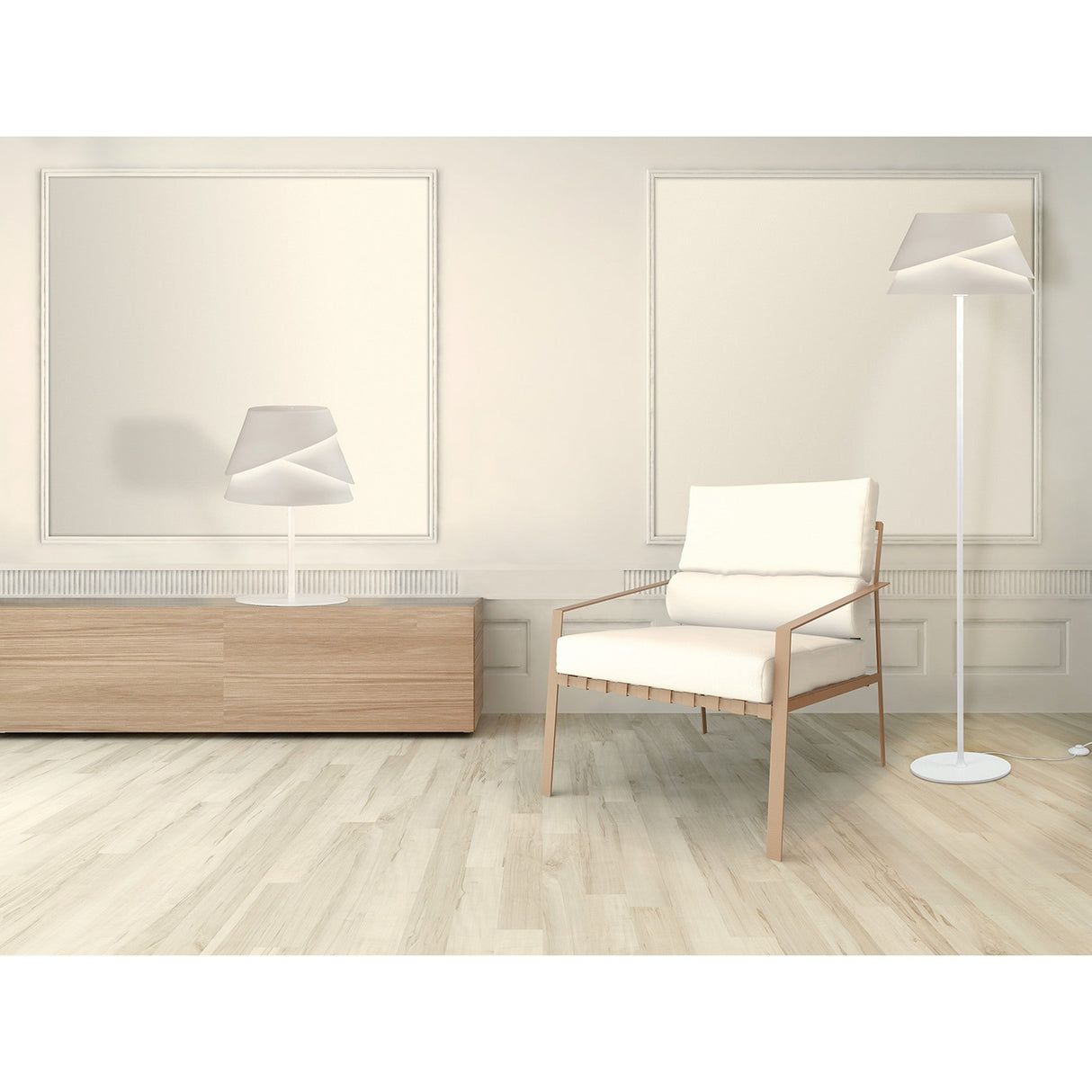 Minimalist living room with a white cushioned wooden chair, wooden sideboard, light wood flooring, and ambient lighting from the Alboran 1 Light Floor Lamp - White & Silver. Two large empty frames hang on a beige wall in the background.