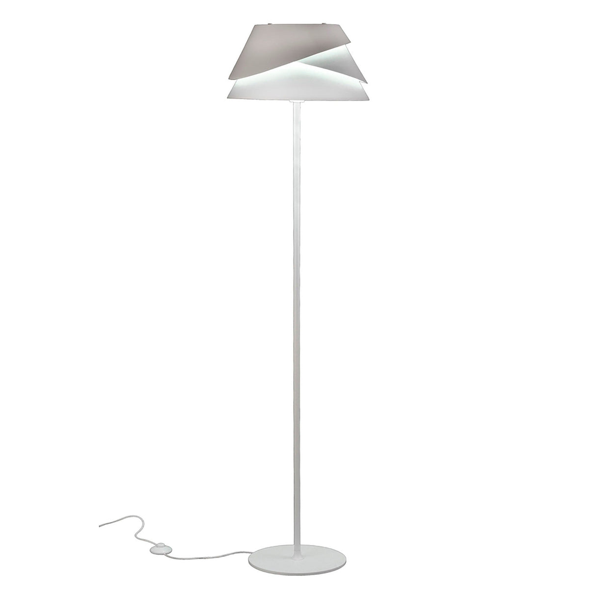 The Alboran 1 Light Floor Lamp in white and silver features a slender pole, round base, and layered angular shade—ideal for minimalist interiors. Includes visible electrical cord and foot switch at the base for convenient ambient lighting.