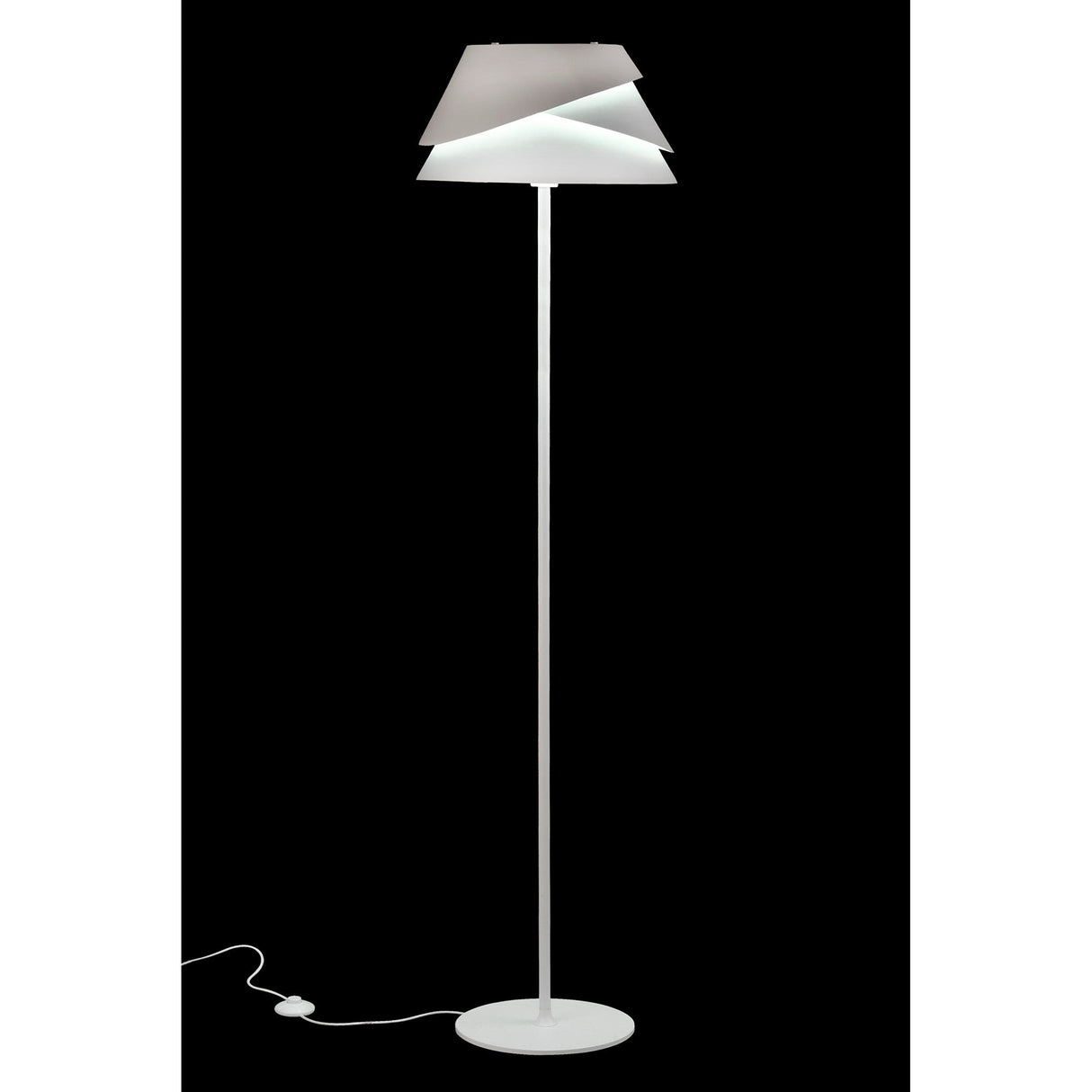 The Alboran 1 Light Floor Lamp in white and silver features a modern, layered lampshade, round base, slender pole, visible power cord and switch. Shown lit against a black background—perfect for minimalist interiors.