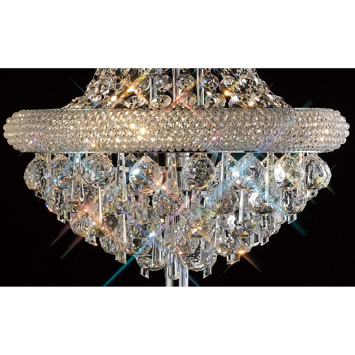 A close-up of the Alexandra 6 Light Crystal Floor Lamp in polished chrome, featuring multiple tiers of sparkling crystals and prisms that reflect ambient light against a dark background.