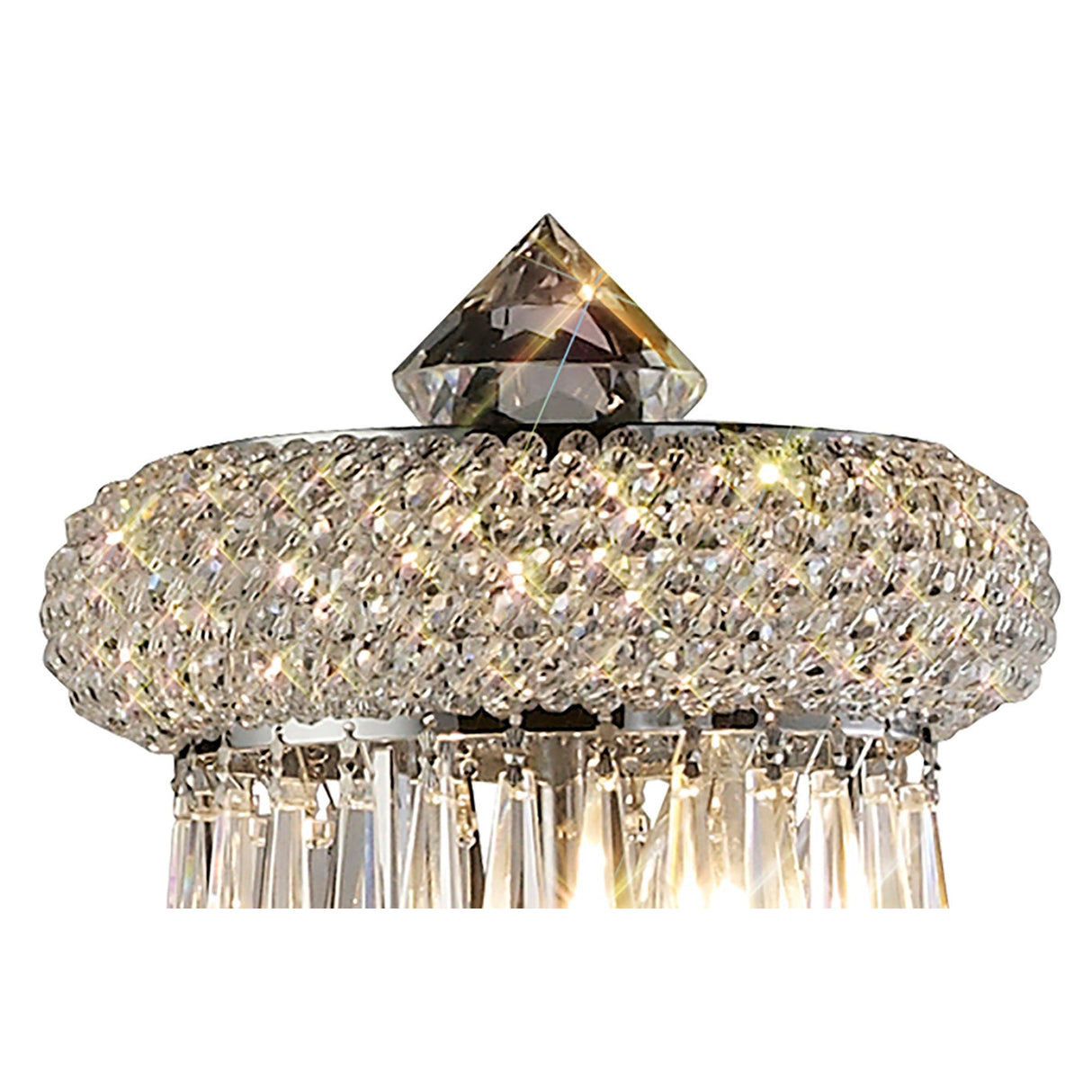 Close-up of the Alexandra 6 Light Crystal Floor Lamp in polished chrome, showcasing a round beaded top, faceted crystal finial, and hanging crystal prisms that reflect light for radiant ambient illumination.