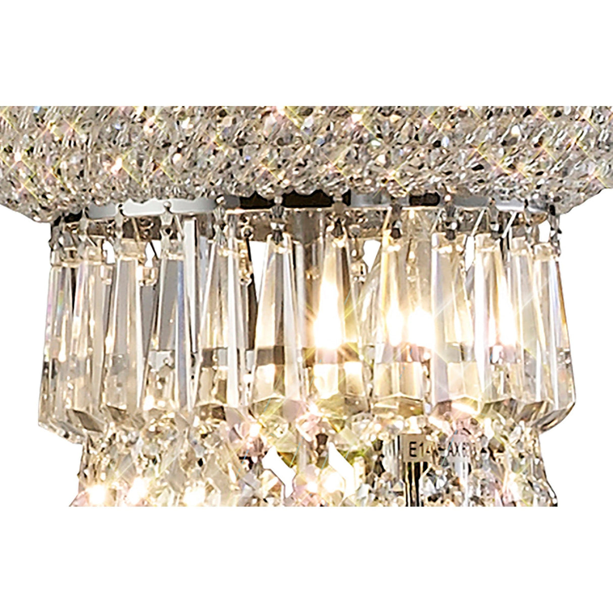 Close-up of the Alexandra 6 Light Crystal Floor Lamp in polished chrome, featuring sparkling crystal prisms and bright lights for elegant shimmering reflections and beautiful ambient lighting.