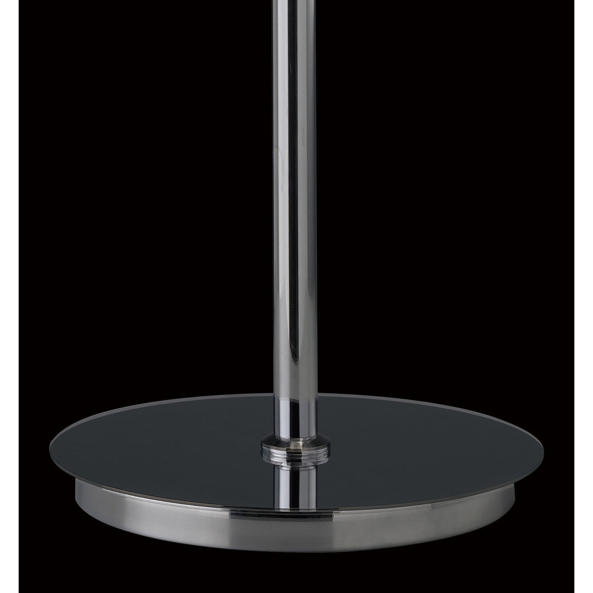 A close-up of the Alexandra 6 Light Crystal Floor Lamp in polished chrome, featuring a circular flat base and elegant crystal accents, set against a black background to highlight its sophisticated ambient lighting.
