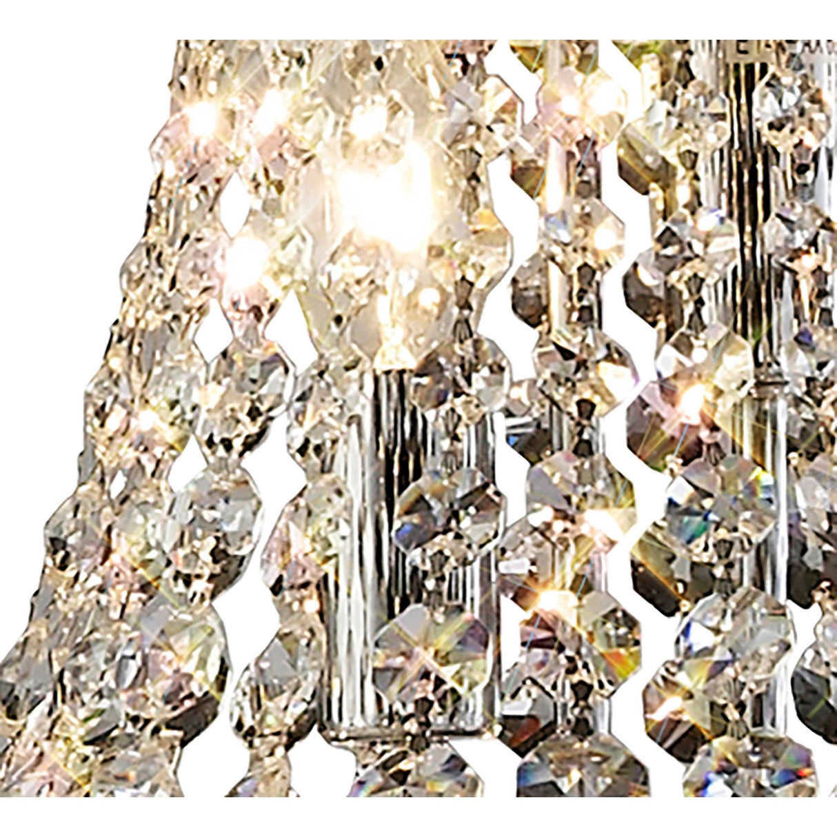 Close-up of sparkling crystal prisms on the Alexandra 6 Light Crystal Floor Lamp in polished chrome, reflecting bright light and glass beads for an elegant, shimmering effect and ambient lighting against a white background.