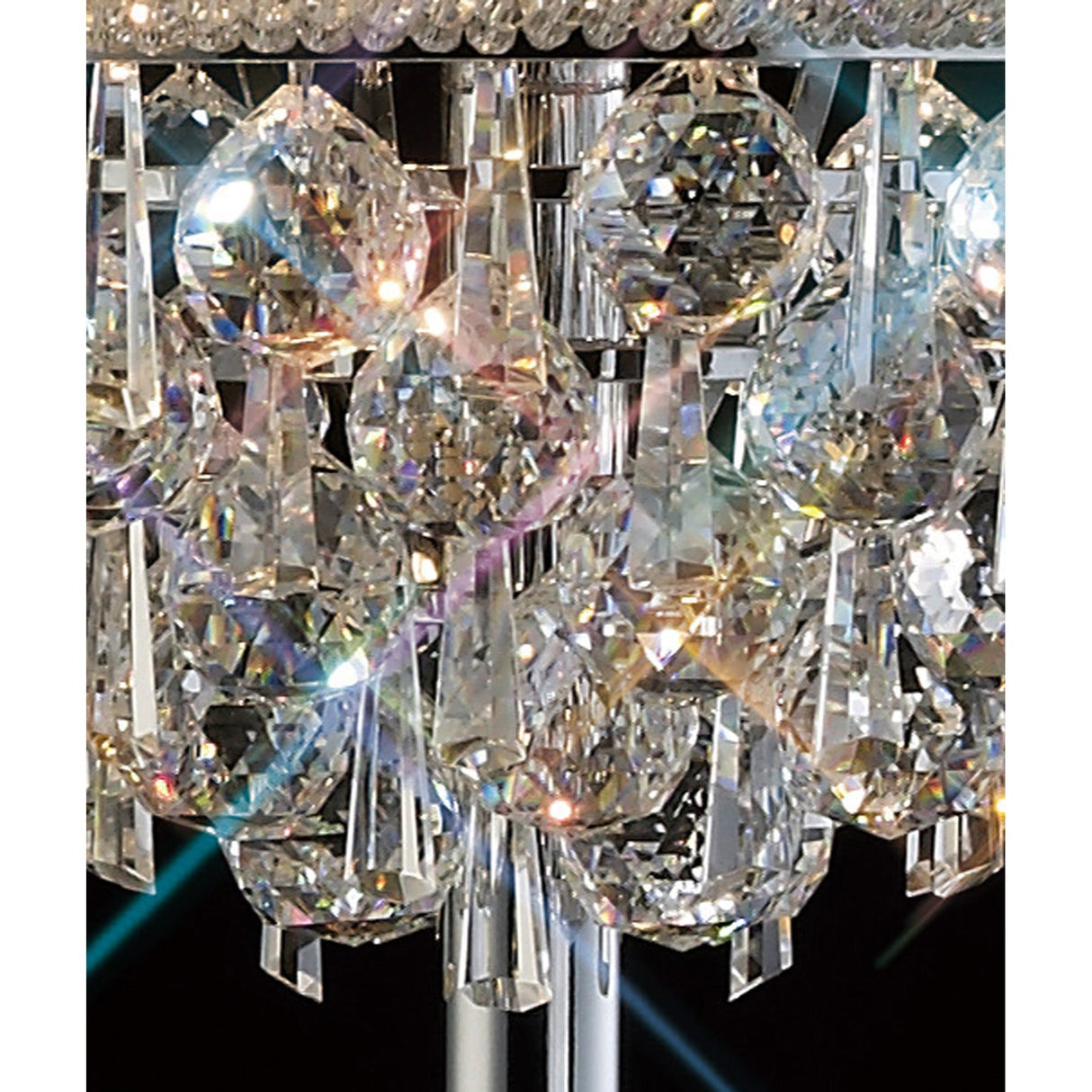 Close-up of sparkling crystal prisms and beads on the Alexandra 6 Light Crystal Floor Lamp in polished chrome, reflecting light to create colorful, iridescent patterns that enhance ambient lighting.