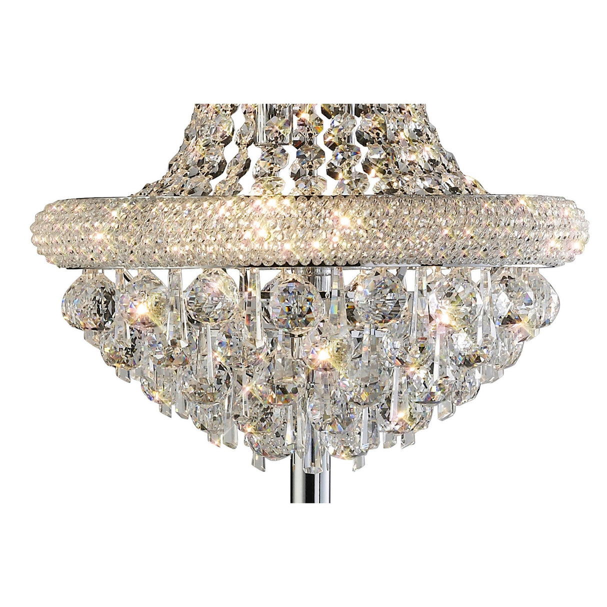 A close-up of the Alexandra 6 Light Crystal Floor Lamp in polished chrome, showcasing multiple tiers of hanging crystals and sparkling lights that add a luxurious touch against a white background.