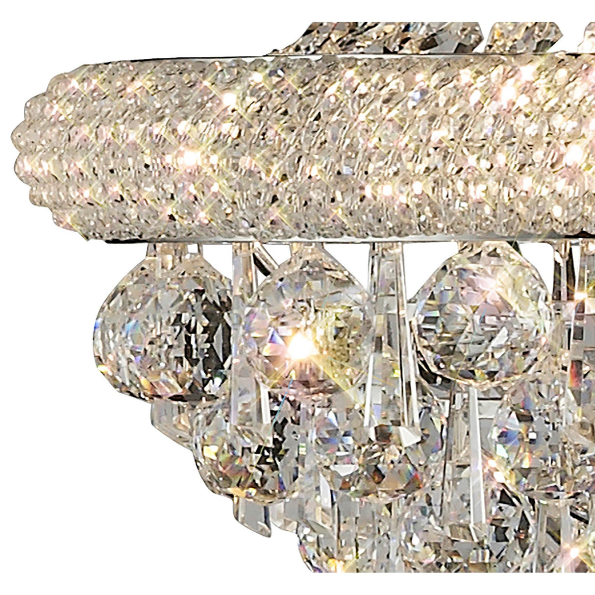 Close-up of the Alexandra 6 Light Crystal Floor Lamp with intricate cut glass pendants and a polished chrome circular band reflecting colorful light, set against a white background for radiant ambient lighting.