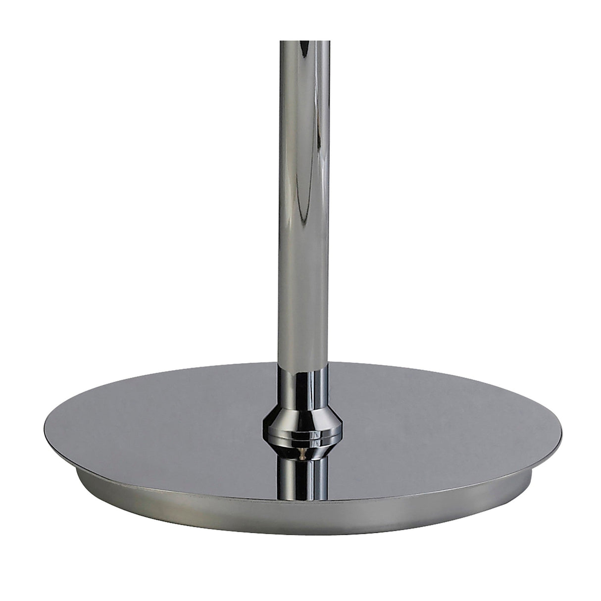 Close-up of the polished chrome base and central pole of the Alexandra 6 Light Crystal Floor Lamp, set against a plain white background.