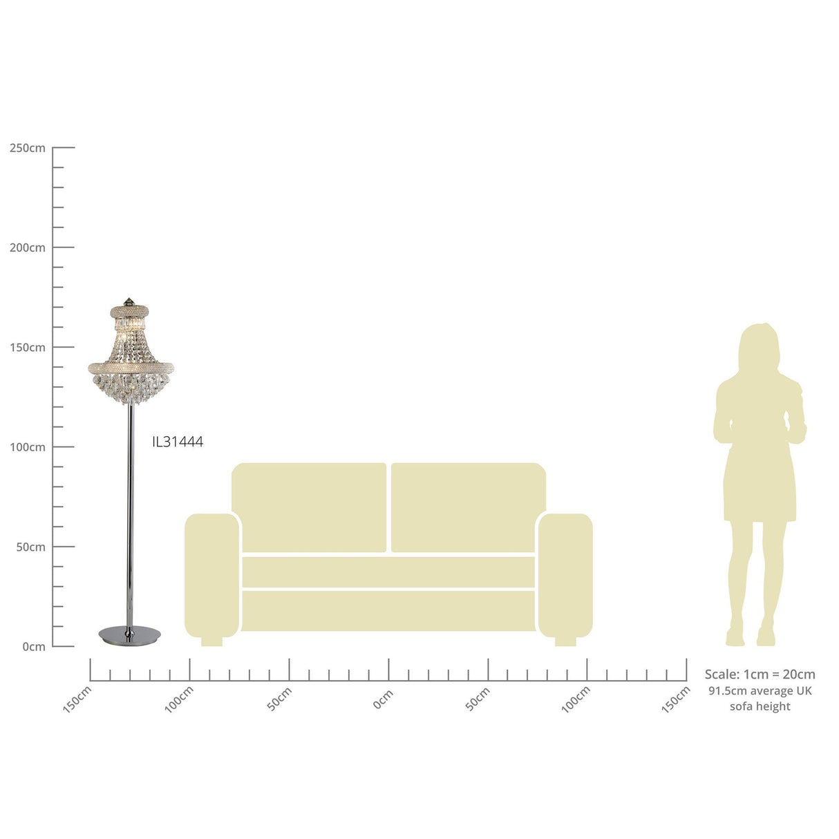The Alexandra 6 Light Crystal Floor Lamp in polished chrome stands beside a sofa, with a height chart and person silhouette for scale (centimeters on edges), highlighting its ambient lighting effect.