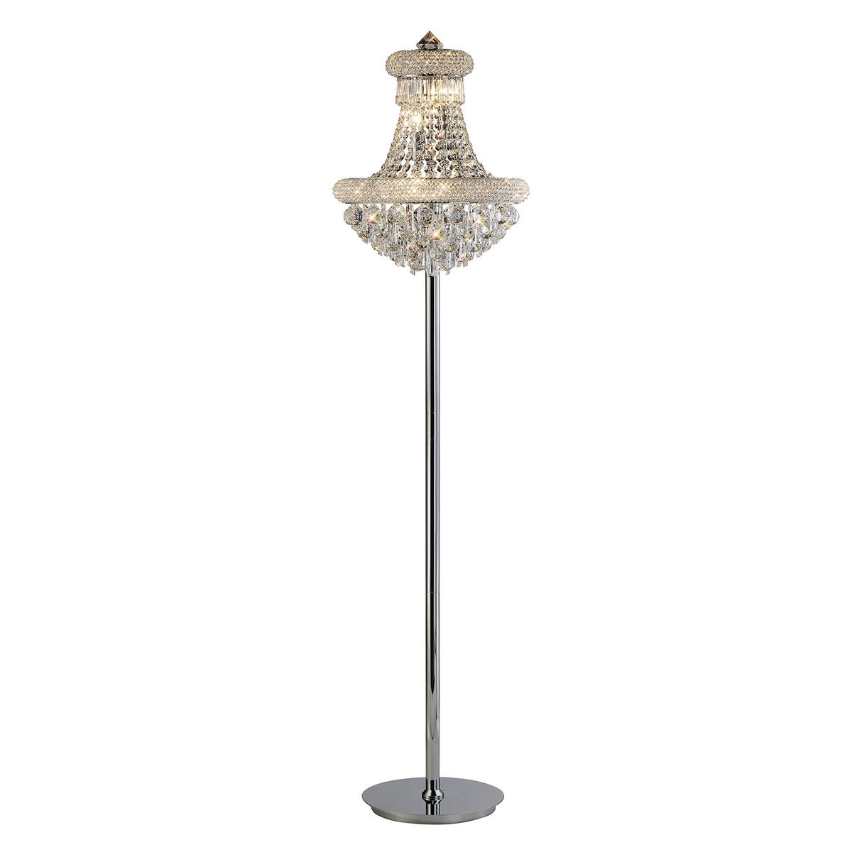 The Alexandra 6 Light Crystal Floor Lamp features a polished chrome stand, a chandelier-style crystal shade, and a round base, offering elegant ambient lighting for any room.
