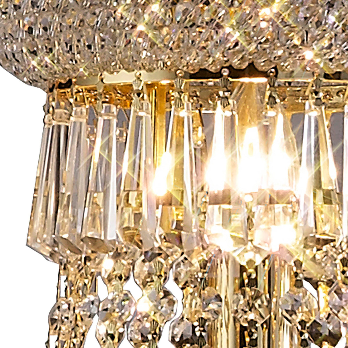 Close-up of the Alexandra 6 Light Crystal Floor Lamp in gold, featuring hanging glass prisms and beads that reflect bright, warm light. Its intricate details and shimmering surfaces add a luxurious and elegant touch to any space.