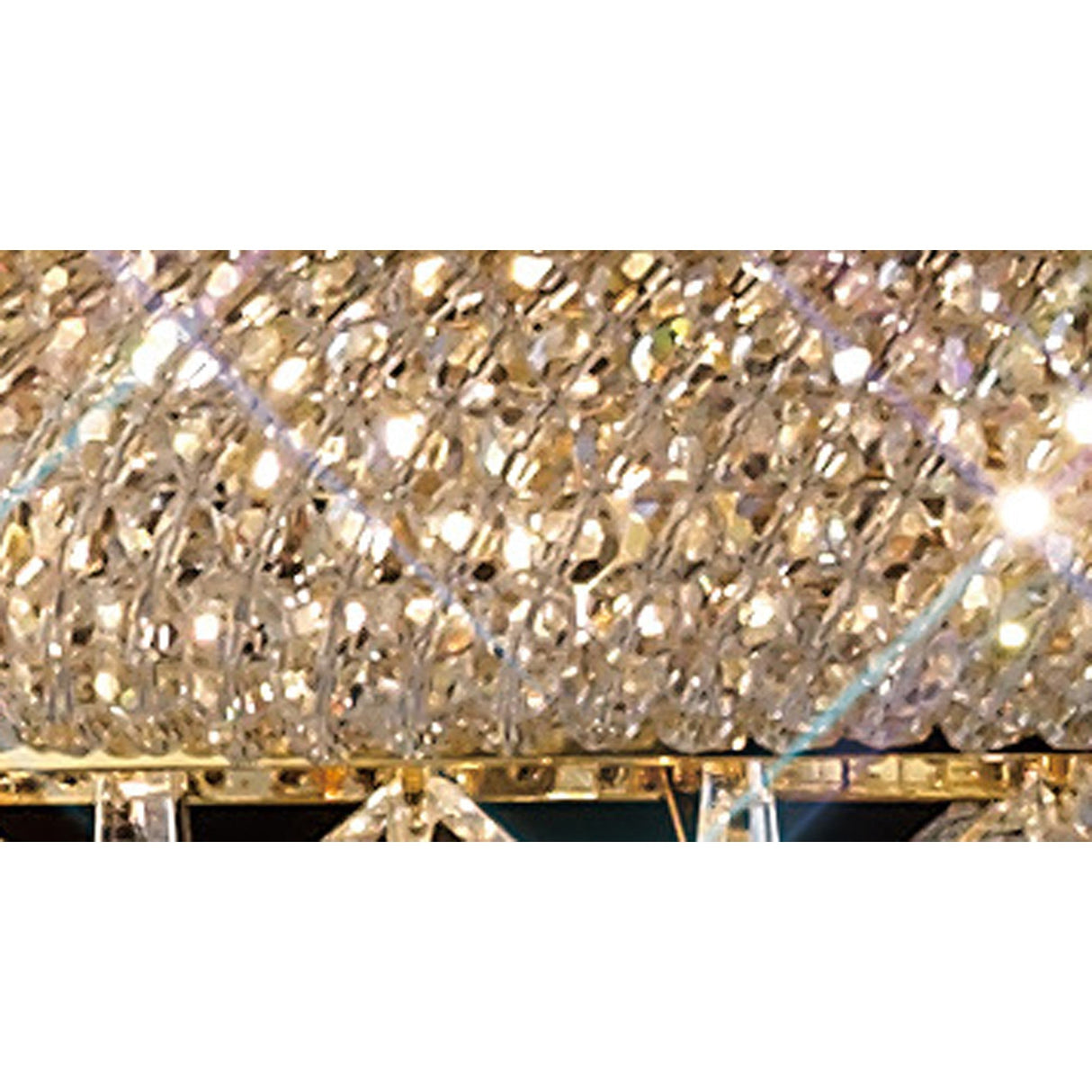 Close-up view of sparkling Asfour crystals in a lattice pattern, reflecting light and creating a shimmering effect on the elegant Alexandra 6 Light Crystal Floor Lamp in gold.