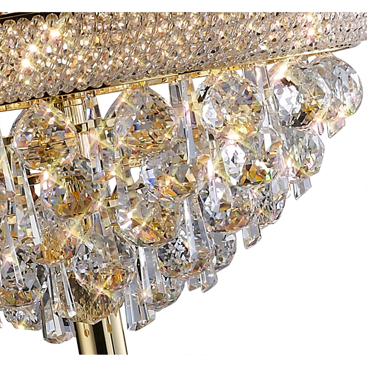 Close-up of the Alexandra 6 Light Crystal Floor Lamp in gold, featuring sparkling faceted crystals and gold accents that reflect light for a shimmering, elegant effect.