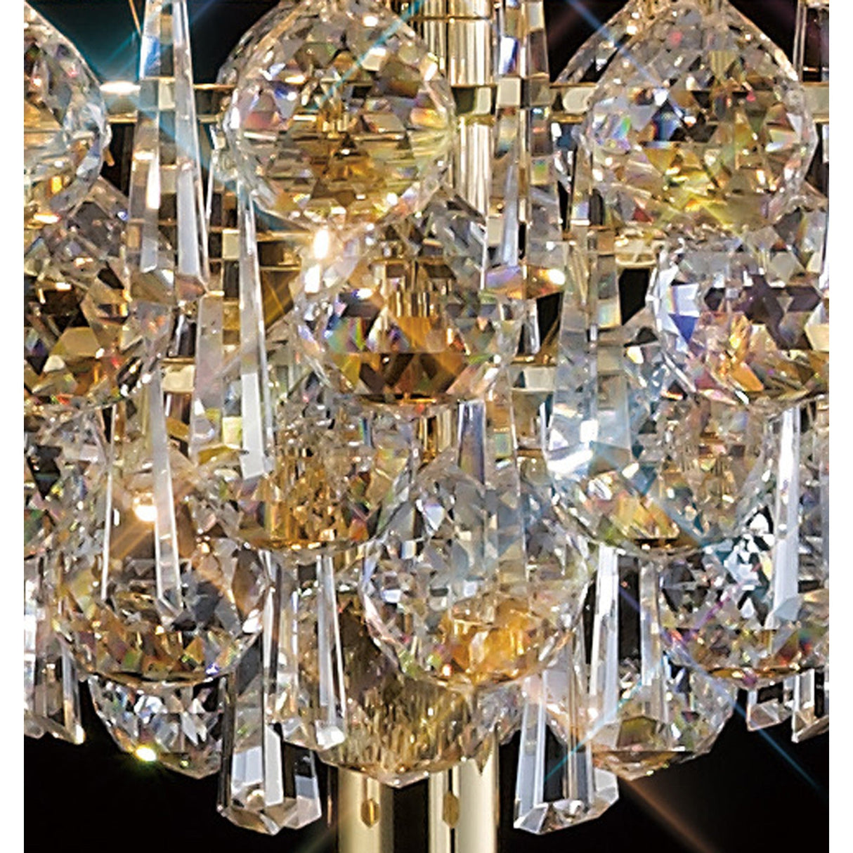 Close-up of the Alexandra 6 Light Crystal Floor Lamp - Gold, showcasing its faceted Asfour crystals and prisms that reflect light in sparkling, rainbow hues. Crystals elegantly hang from the lamp’s luxurious gold-colored frame.