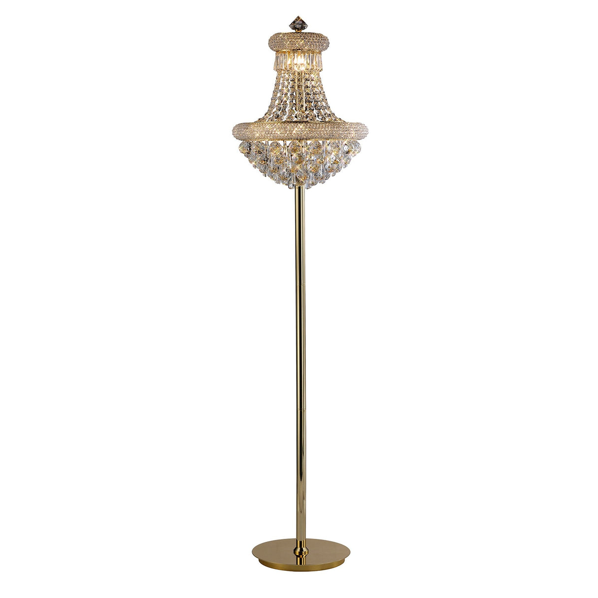 The Alexandra 6 Light Crystal Floor Lamp - Gold features a tall design with a round base, ornate chandelier-like shade, and luxurious Asfour crystals with hanging droplets for an elegant look.