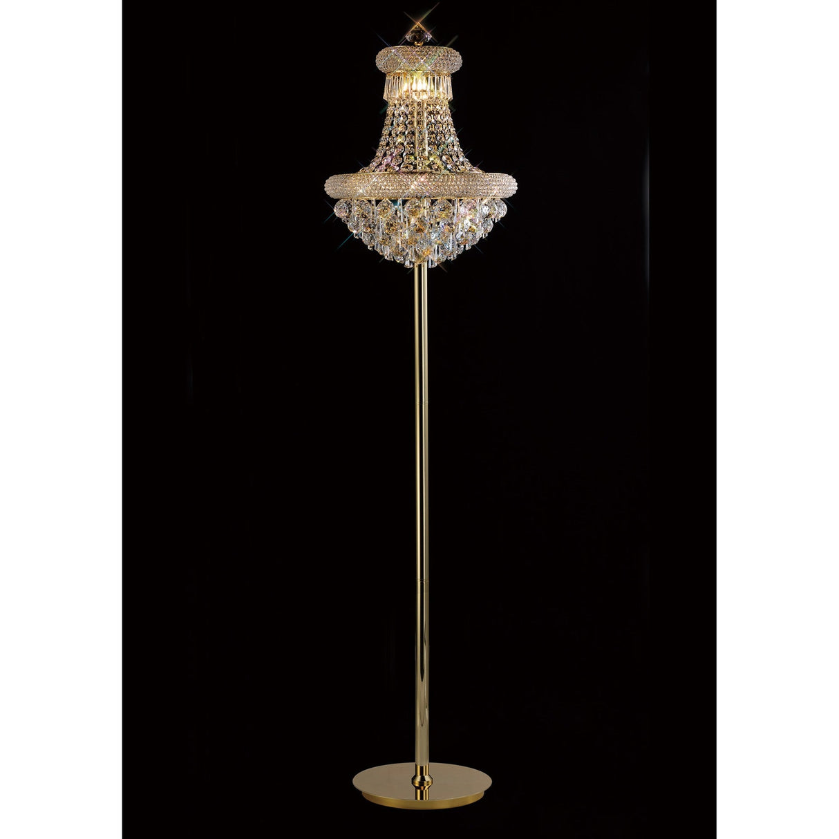 The Alexandra 6 Light Crystal Floor Lamp in gold, featuring a cascading crystal-adorned shade reminiscent of an Asfour chandelier, stands elegantly against a black background.