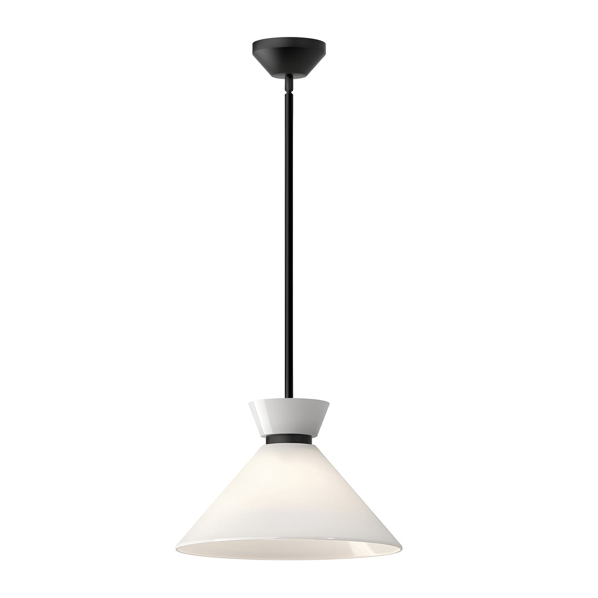 Alora Mood Halston 1 Light Glass Pendant in matte black with a conical white opal glass shade and slim ceiling stem, on a plain background.