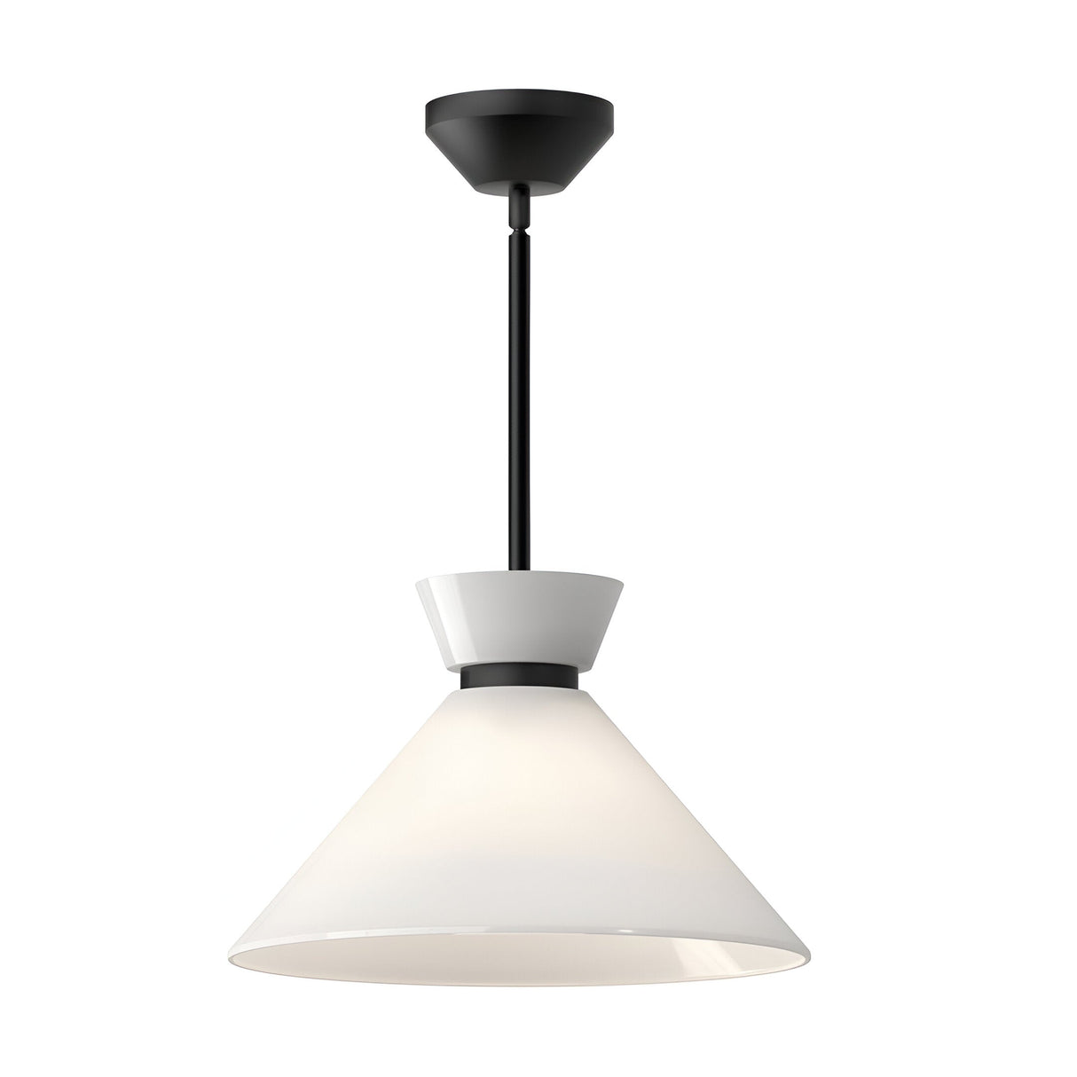 Alora Mood Halston 1 Light Glass Pendant in matte black with conical white opal glass shade and slim stem, shown on a plain white background.